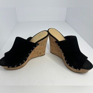 Marc Fisher Henrika Black Suede & Cork Wedge Sandals Size 7.5M